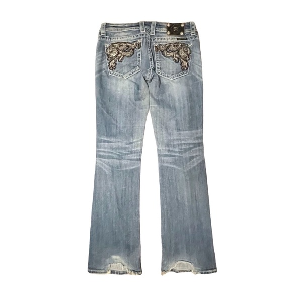Miss Me Boot Cut Jeans 32” Inseam JE5387BR Medium Wash Sequins 8” Mid Rise Denim - Picture 10 of 12